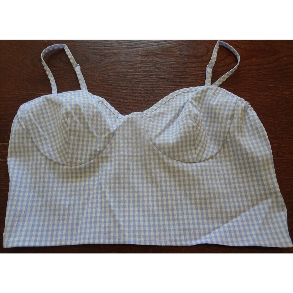 Trendy Shein Crop Top Strapped Checker Shirt Light Blue/White Large